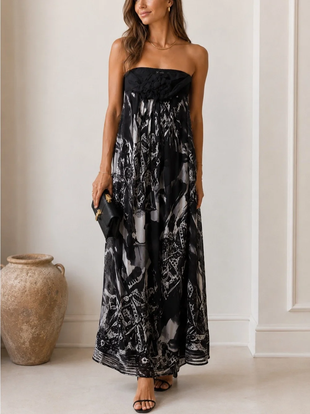 MM Couture Silk Maxi Dress Strapless Flowy Black and White - Picture 1 of 8